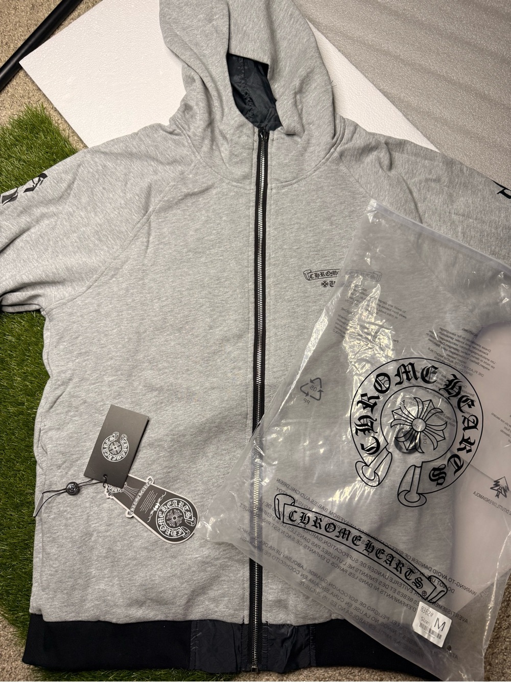Chrome Hearts Light Gray reversible Full-Zip Hooded Jacket with Black Trim